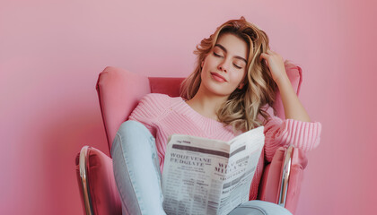 Young woman reading newspaper in armchair on pink background - obrazy, fototapety, plakaty