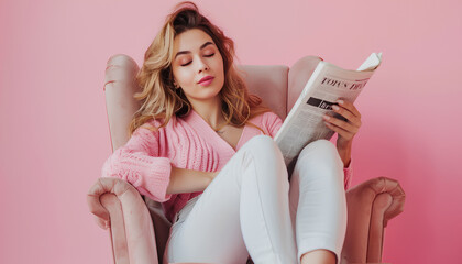 Young woman reading newspaper in armchair on pink background - obrazy, fototapety, plakaty