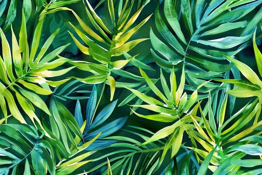 Seamless pattern of watercolor tropical palm leaves in bright green and blue.