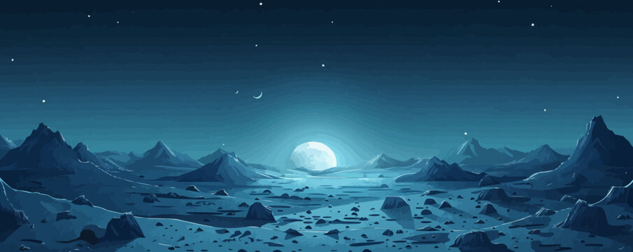 A surreal moonscape with rugged craters, jagged peaks, and a distant view of Earth rising over the horizon. Vector flat minimalistic isolated illustration.