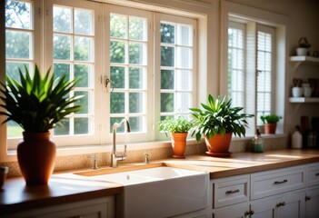 a blissful summer morning, illuminating a kitchen oasis adorned with white interior plantation shutters