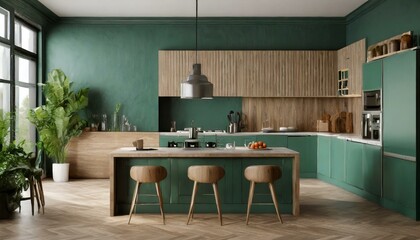 Green with Envy: Cozy Modern Kitchen Design with a Dark Green Accent Wall!