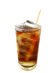 A glass of Sparkling water with Straw and ice cubes isolated on white background, Cola drinks
