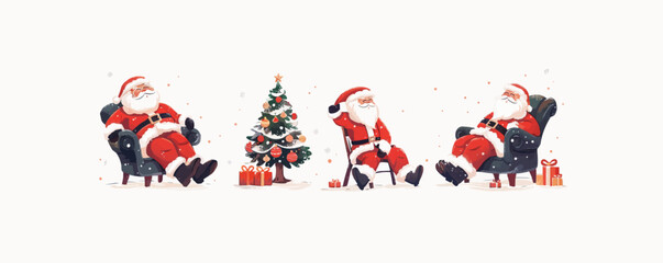 Santa Claus character in different poses smiling celebrates Christmas holiday. Old man in red suit and black boots decorate christmas tree, sleep amchair. Vector flat illustration on white