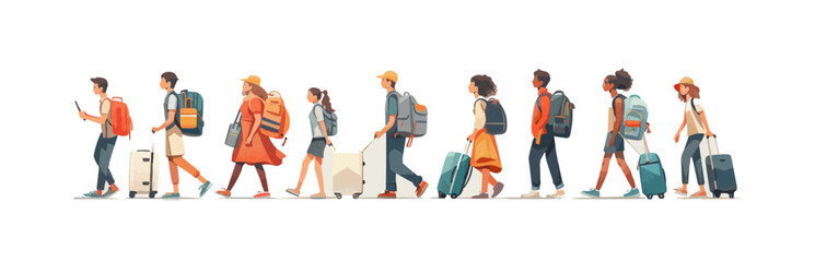 Tourists with luggage at the airport set. Collection of young and happy traveling people carrying suitcases, bags. Summer vacation, holiday, journey concept. Isolated flat vector illustration
