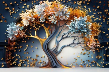 Colorful tree with leaves on hanging branches of blue, white and golden illustration background. 3d abstraction wallpaper for interior mural wall decor. floral tree with multicolor leaves,GenerativeAI