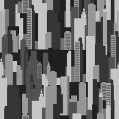 A monochrome pattern showcasing a city skyline with buildings, rectangles all arranged in a seamless design. The grey tones create a modern and sleek look