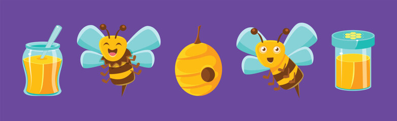 Funny Honey Bee Character Produce Nectar Vector Set