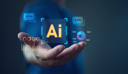 Ai tech, businessman show virtual graphic Global Internet connect AI Chatbot, Artificial...