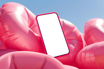Smartphone mockup on pink inflatable background. Mobile phone with blank screen on summer vacation. App mockup