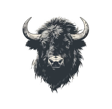 A black and white drawing of a bull with horns