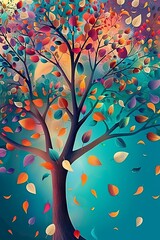 Colorful tree with leaves on hanging branches of turquoise illustration background. 3d abstraction wallpaper for interior mural wall art decor. floral, Generative AI