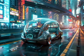 Fototapeta premium illustrating innovative technologies and the future, such as artificial intelligence in education and medicine, smart home gadgets, electric cars and autonomous vehicles. 