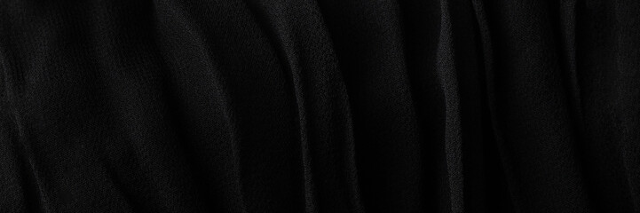 Plated black silk or satin texture background. Luxury fabric textile for fashion cloth, banner size - 791389998