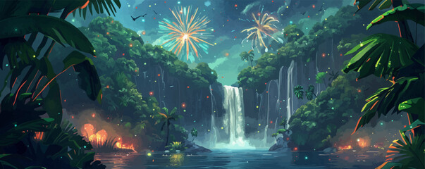 Lush waterfall surrounded by green jungles and mystical fireworks. Vector flat minimalistic isolated illustration in digital art style.