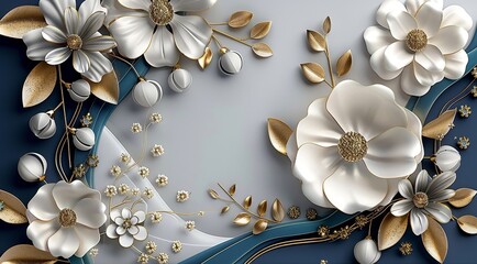 3d mural illustration white & blue background with golden jewelry and flowers, in black decorative wallpaper, Generative AI