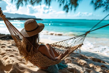 A youthful lady unwinding in a woven hammock on the sandy shore of Mauritius, taking pleasure in the vast ocean waves and embracing the concept of mental well-being during an exotic vacation.