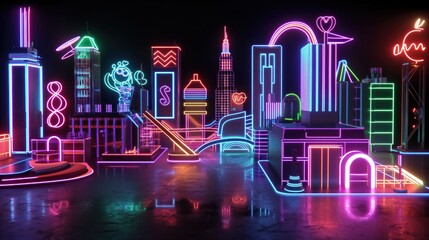 Colorful glowing neon city. Generative AI - 791390571