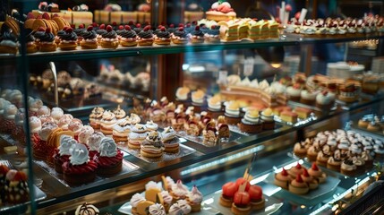 Luxurious tropical bakery buffet, filled with a wide array of desserts and cakes, presented on a mirror-like polished counter for self-service
