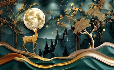 Abstract modern and creative 3d interior mural wall art wallpaper with dark green and golden forest trees, deer animal wildlife with birds, golden moon and waves, Generative AI