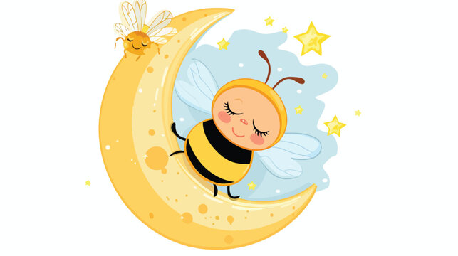 Cute bee is on the moon. Animal cartoon concept 