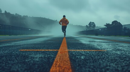 A man in a yellow jacket running on an asphalt road. Generative AI.