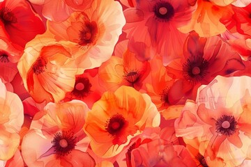 Vibrant seamless pattern of watercolor poppies in red and orange.