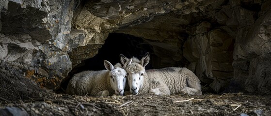 Two sheep laying down in a cave with dirt on the ground. Generative AI. - Powered by Adobe
