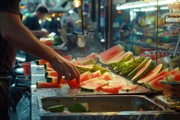 A man cutting up watermelon in a food market. Generative AI.