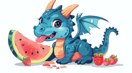 Cute cartoon blue dragon with watermelon. Vector illustration