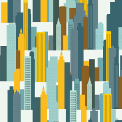 A modern city vector. A vibrant seamless pattern featuring colorful yellow and blue-green buildings on a white background. The bold colors and geometric shapes create a flat minimalistic design - 791390946