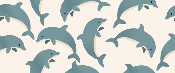 Vector flat illustration. Seamless dolphins. In cartoon style. Cute print. Ideal for gift wrapping, posters, covers, screensavers, textile decor, etc.