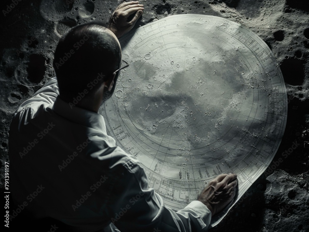 Poster A man holding a large circular object on the moon. Generative AI.