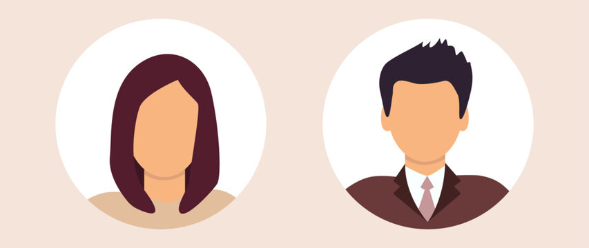 Vector flat illustration. Stylish profile of a woman and a man. Avatar, user profile, person icon, silhouette, profile picture. Suitable for social media profiles, icons, screensavers and as a templat