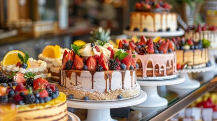 Fresh and inviting display of tropical cakes and desserts at a bakery buffet, emphasizing a sparkling clean and organized counter setup - obrazy, fototapety, plakaty