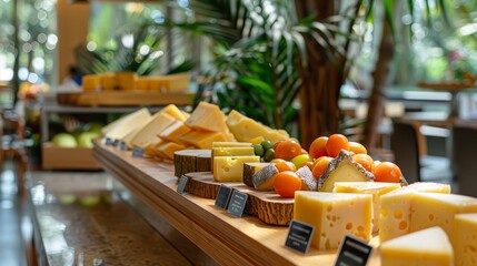 Fresh cheese selections at a gleaming self-service buffet counter in a tropical setting, emphasizing hygiene and modern design - obrazy, fototapety, plakaty