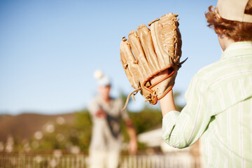Child, glove and catch with baseball, play and teaching in training for love, bonding and games in...
