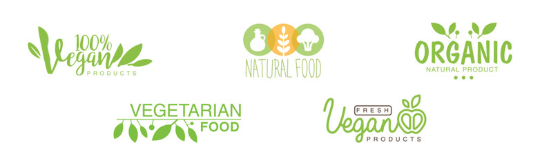 Green Vegan Organic Natural Food Label Vector Set