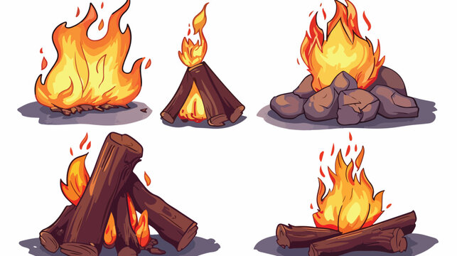 Set of Four burning bonfires or campfires isolated on