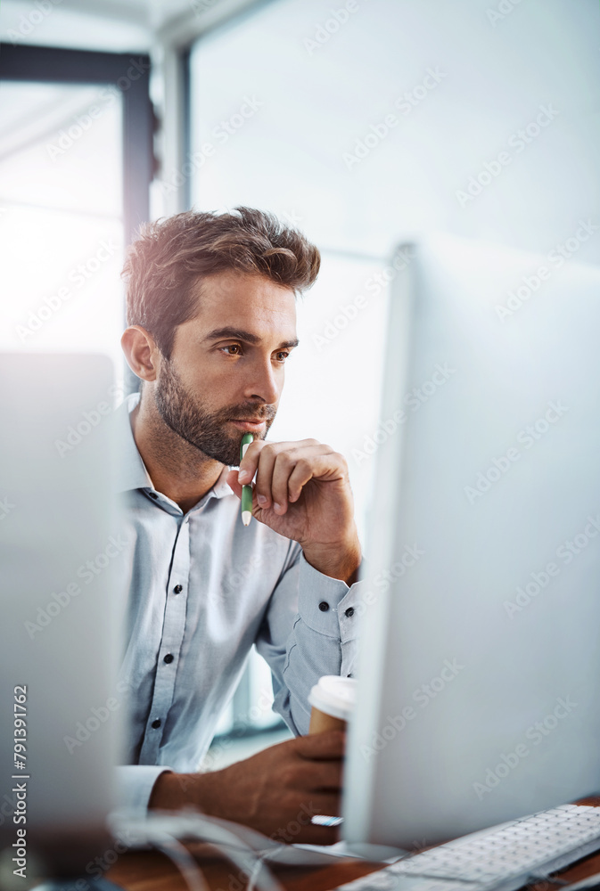 Fototapete Thinking, designer and man on computer for digital software, news research and web design programming. Startup, developer and programmer coding in office for cybersecurity network and problem solving