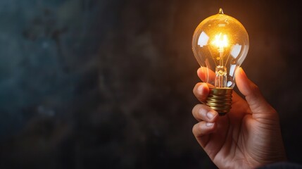 Hand holding light bulb on dark background, New business idea concept ,Creative new idea innovation, brainstorming, and solution concepts with electric bulb , ideas for finding something new at work