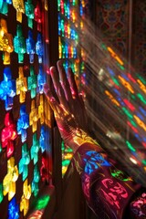 A person's hand reaching out to a window with colorful stained glass. Generative AI.