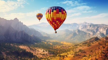 Colorful hot air balloons flying over mountains. Cartoon vector illustration. - obrazy, fototapety, plakaty