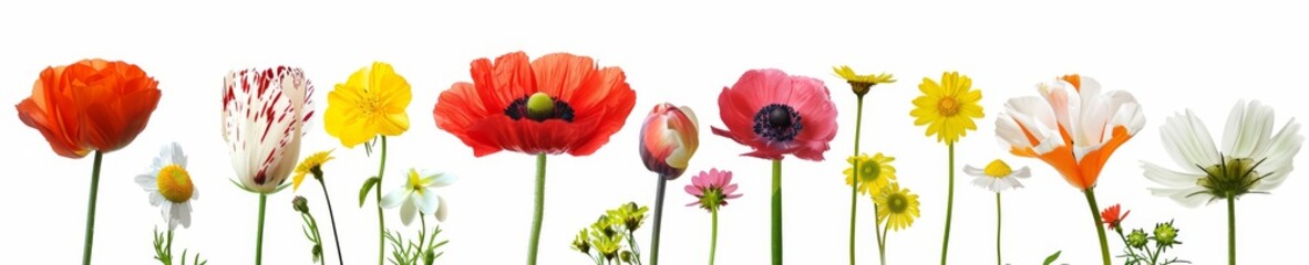 Fototapeta premium Flat lay view of various pressed colorful flowers and green leaves artistically arranged on a clean white background, perfect for crafting and decor.