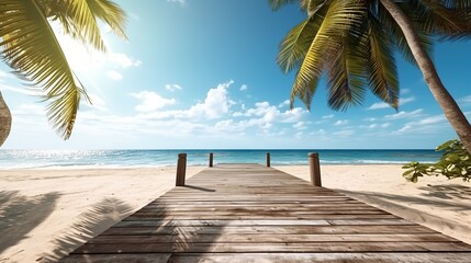 Summer panoramic landscape, nature of tropical beach with wooden platform, sunlight