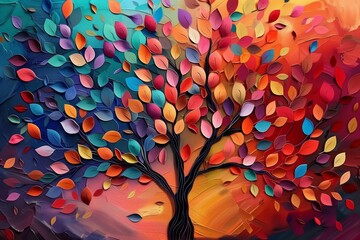 Colorful tree with multicolor leaves illustration background. 3d abstraction wallpaper for interior mural wall art decor, Generative AI