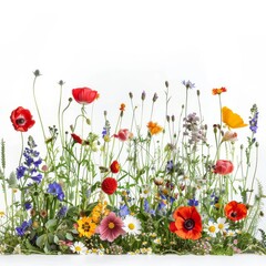 Flat lay view of various pressed colorful flowers and green leaves artistically arranged on a clean white background, perfect for crafting and decor.