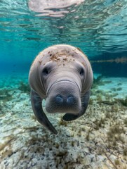 A manatee swimming in the shallow waters of a coral reef. Generative AI.
