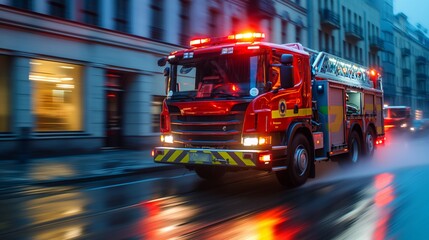 Fire Truck Driving Down Street Next to Tall Buildings