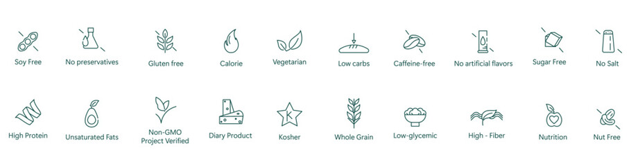 Healthy Eating Icon: Soy-Free, Preservative-Free, Gluten-Free, Low-Calorie, Vegetarian, Low-Carb Vector Design